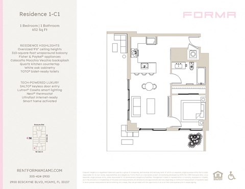 Floor plan for 1 bed, 1 bath, 652 sqft