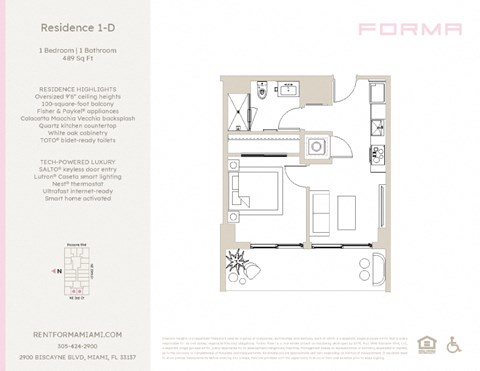 Floor plan for 1 bed, 1 bath, 489 sqft