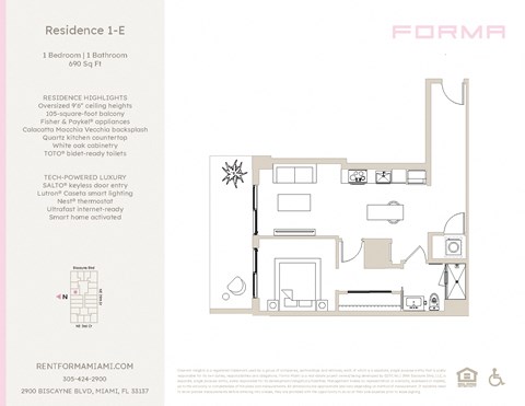 Floor plan for 1 bed, 1 bath, 690 sqft