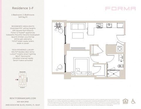 Floor plan for 1 bed, 1 bath, 549 sqft