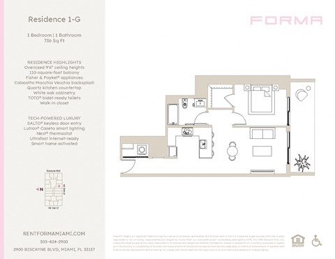 Floor plan for 1 bed, 1 bath, 736 sqft