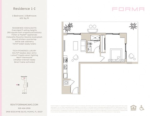Floor plan for 1 bed, 1 bath, 652 sqft