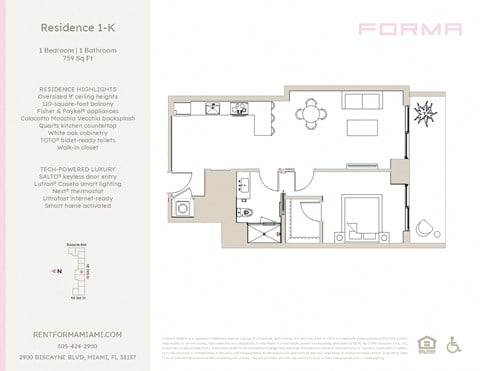 Floor plan for 1 bed, 1 bath, 759 sqft