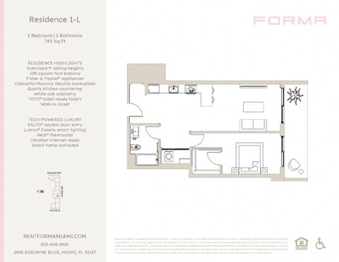 Floor plan for 1 bed, 1 bath, 745 sqft