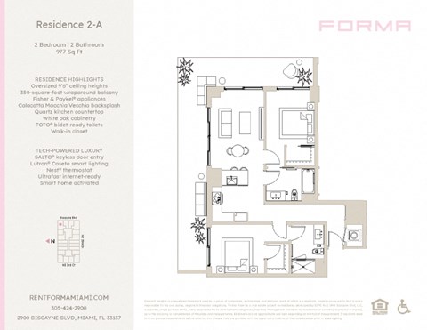 Floor plan for 2 beds, 2 baths, 977 sqft
