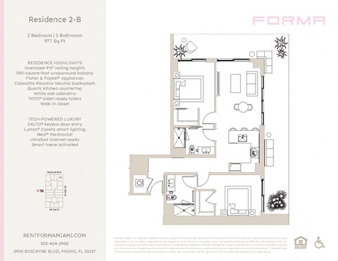 Floor plan for 2 beds, 2 baths, 977 sqft