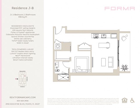 Floor plan for studio, 1 bath, 598 sqft