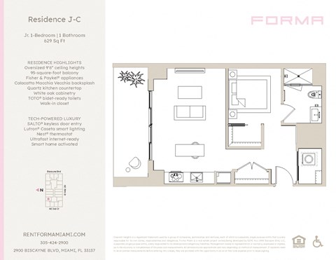 Floor plan for studio, 1 bath, 629 sqft