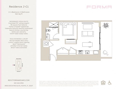 Floor plan for studio, 1 bath, 564 sqft