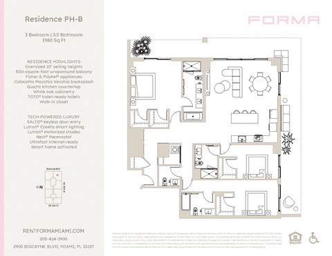 Floor plan for 3 beds, 3.5 baths, 1980 sqft