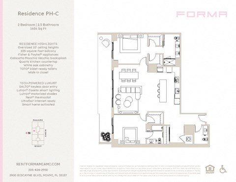 Floor plan for 2 beds, 2.5 baths, 1616 sqft
