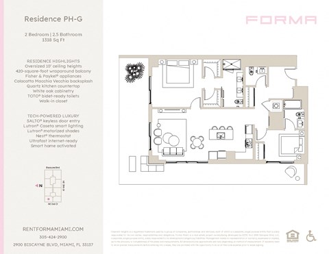 Floor plan for 2 beds, 2.5 baths, 1318 sqft