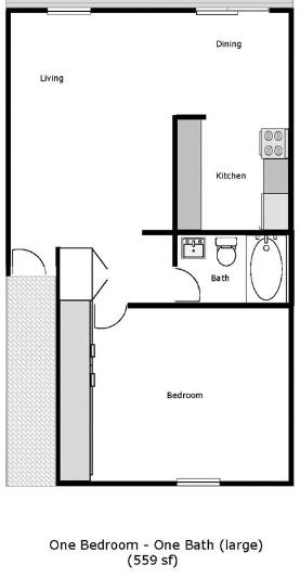 Fairfield apartment for rent - A floor plan of a small apartment with one bedroom and one bathroom.