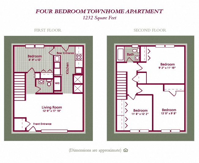 Floor plan for 4 beds, 2 baths, 1232 sqft