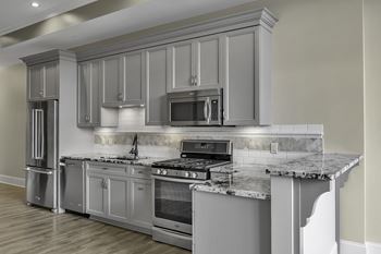 Gray kitchen with granite countertops and stainless appliances