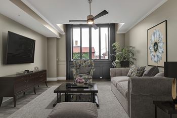 Living room with modern furniture and ceiling fan