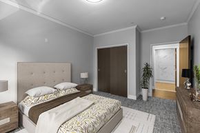 Buffalo apartment for rent - Furnished bedroom with tufted headboard and dark closet doors at Nineteen North Apartments, Buffalo, New York