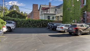 Parking lot with ivy covered fence and buildings