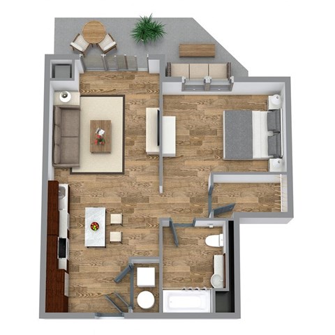Floor plan for 1 bed, 1 bath, 696 sqft