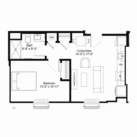 Floor plan for 1 bed, 1 bath, 557 sqft