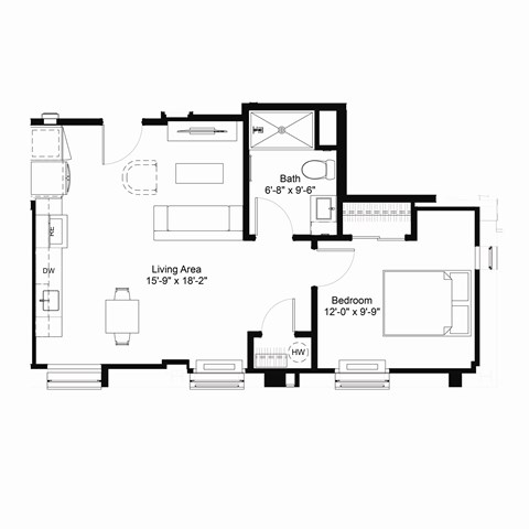 Floor plan for 1 bed, 1 bath, 590 sqft