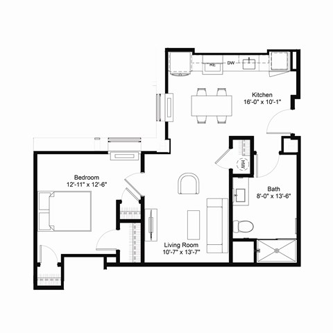 Floor plan for 1 bed, 1 bath, 655 sqft