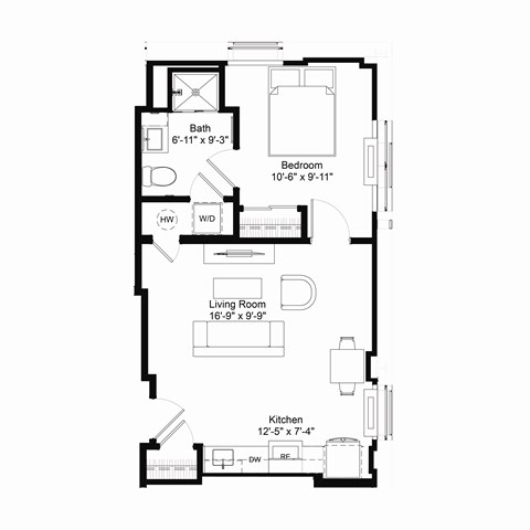Floor plan for 1 bed, 1 bath, 545 sqft