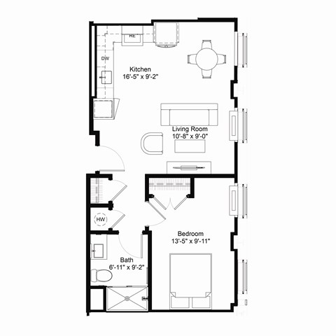 Floor plan for 1 bed, 1 bath, 551 sqft