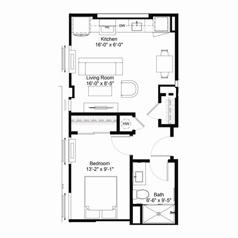Floor plan for 1 bed, 1 bath, 516 sqft