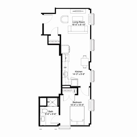 Floor plan for 1 bed, 1 bath, 551 sqft