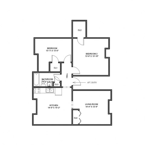 Floor plan for 2 beds, 1 bath, 1025 sqft