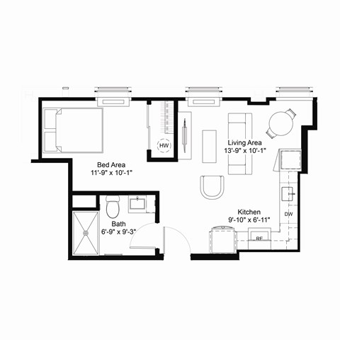 Floor plan for studio, 1 bath, 465 sqft
