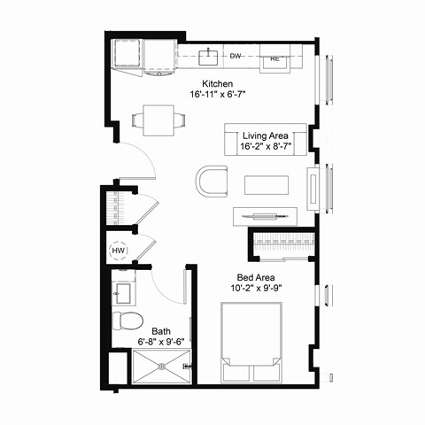 Floor plan for studio, 1 bath, 491 sqft