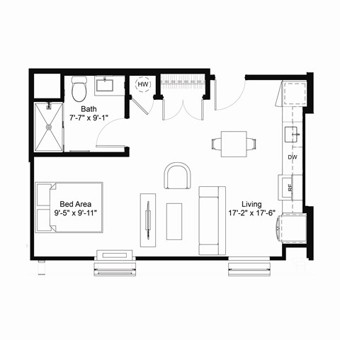 Floor plan for studio, 1 bath, 514 sqft