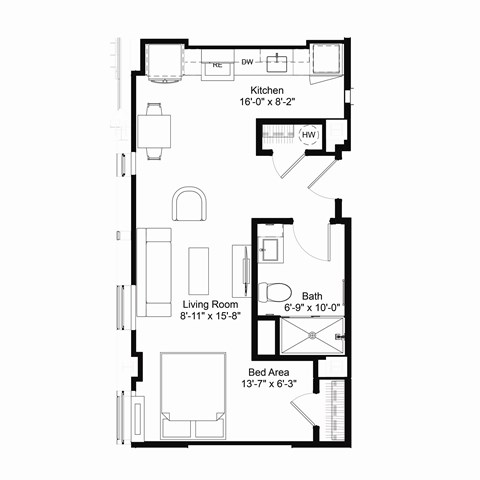 Floor plan for studio, 1 bath, 492 sqft