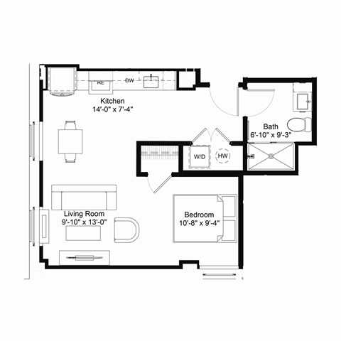 Floor plan for studio, 1 bath, 505 sqft