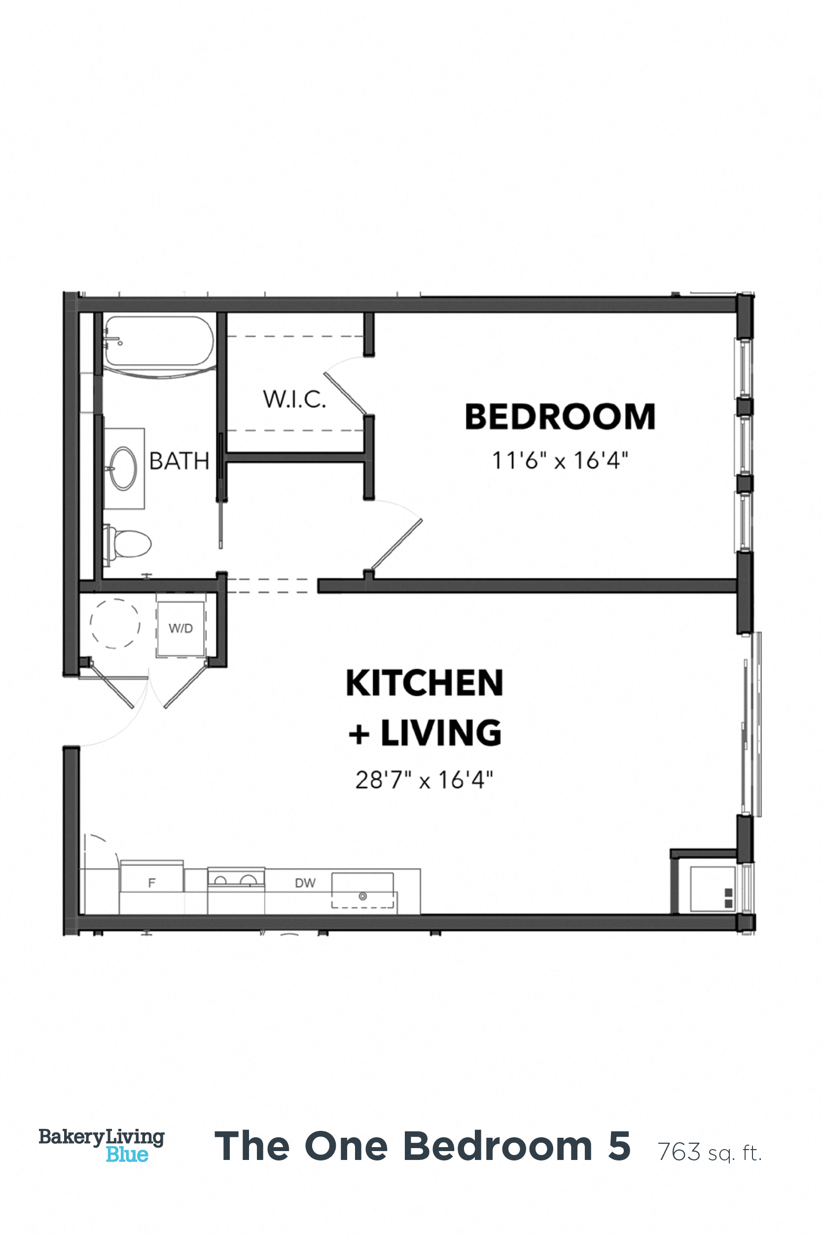Floor plan for 1 bed, 1 bath, 762 sqft
