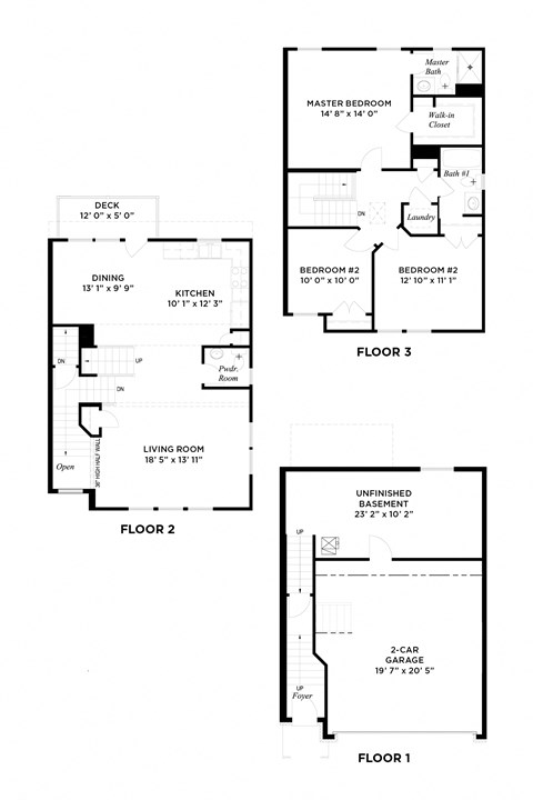 Floor plan for 3 beds, 2.5 baths, 1654 sqft