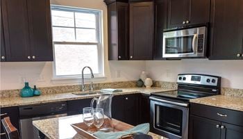 A kitchen with dark cabinets