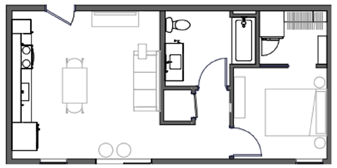 Floor plan for 1 bed, 1 bath, 586 sqft