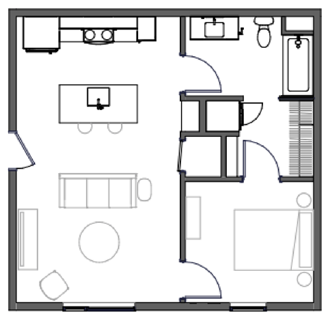 Floor plan for 1 bed, 1 bath, 634 sqft