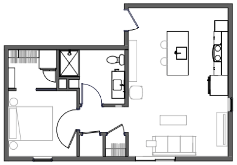 Floor plan for 1 bed, 1 bath, 670 sqft