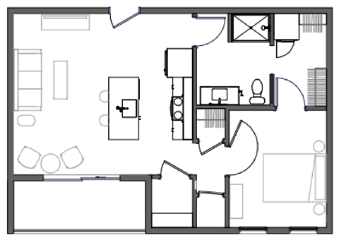 Floor plan for 1 bed, 1 bath, 708 sqft