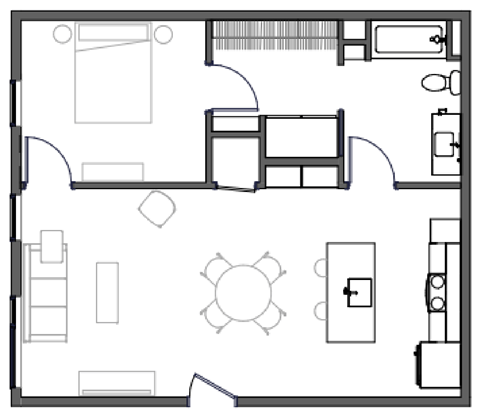 Floor plan for 1 bed, 1 bath, 768 sqft
