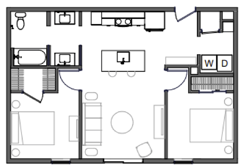 Floor plan for 2 beds, 1 bath, 808 sqft
