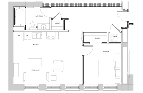 Floor plan for 1 bed, 1 bath, 662 sqft