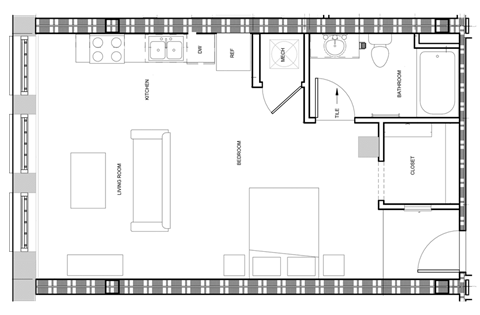 Floor plan for studio, 573 sqft