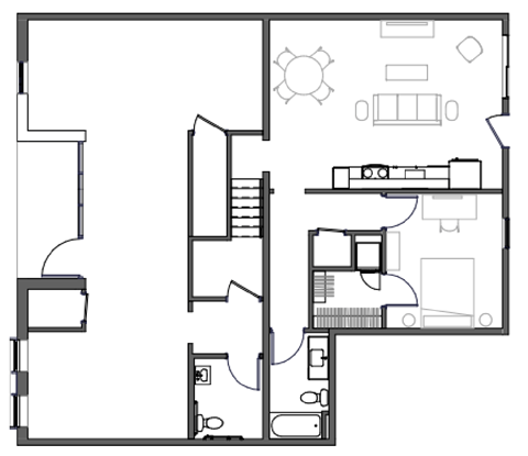 Floor plan for 1 bed, 2 baths, 1563 sqft