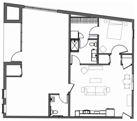 Floor plan for 1 bed, 2 baths, 1608 sqft