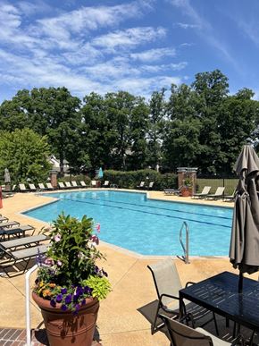 Fort Wayne apartment for rent - A pool area with a table and chairs and a potted plant.